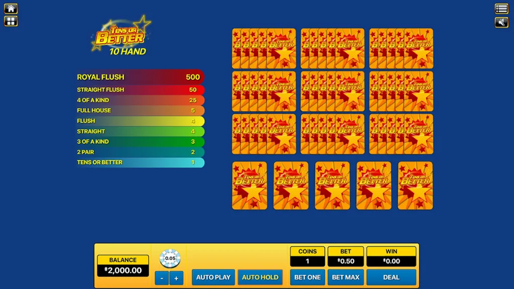 Tens or Better - Game interface with hand rankings.