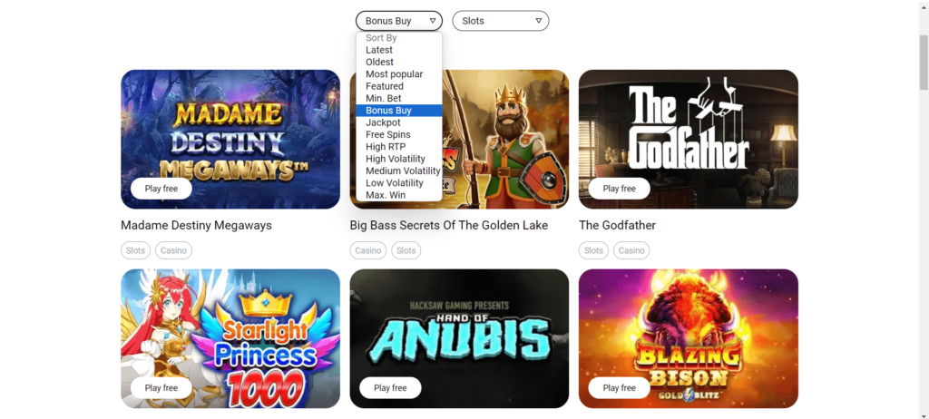 Screenshot of the bonus buy slots on Gamesville