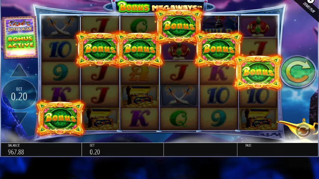 Genie Jackpots Megaways - Game screenshot with bonus active.