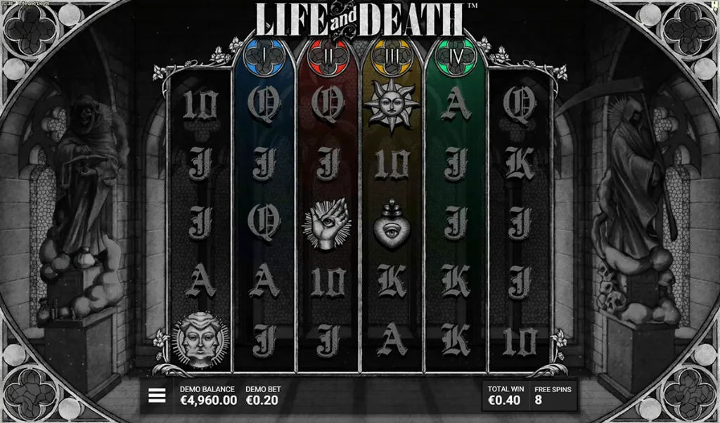 Life and Death - Slot Game screenshot with dark theme.