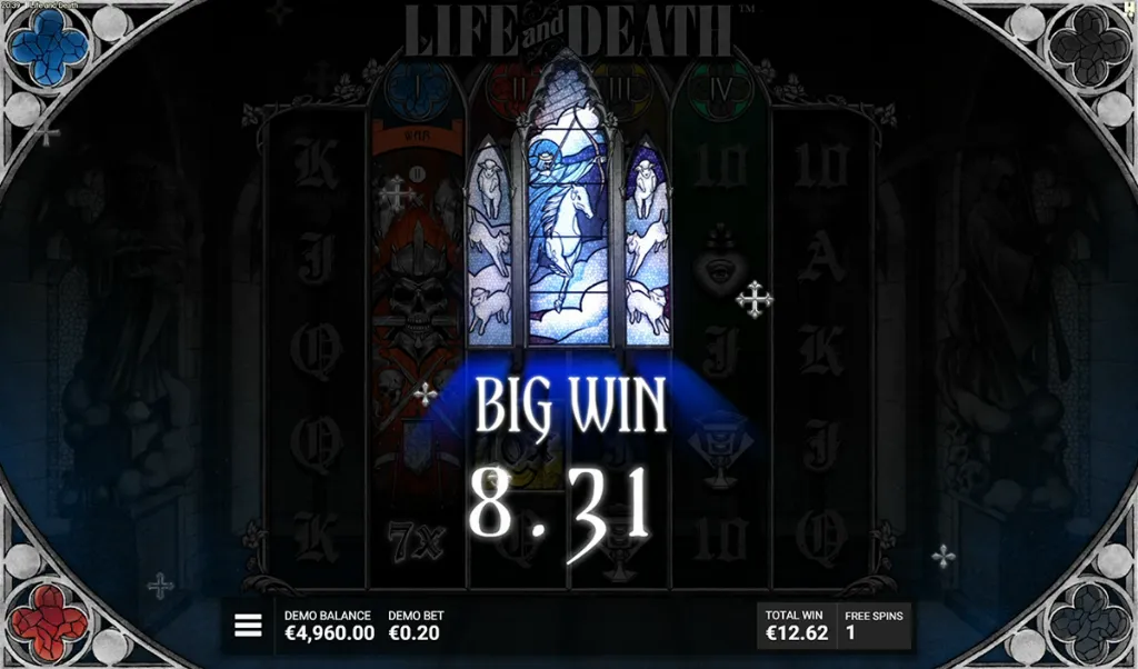 Life and Death - slot screenshot with big win display.
