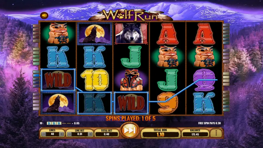 Wolf Run - Slot game screenshot with bonus feature.