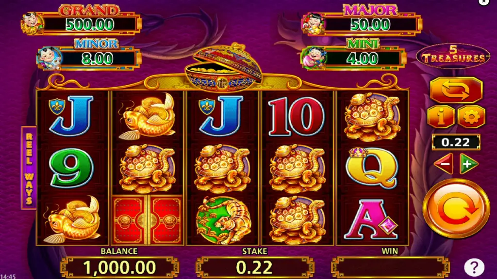 5 Treasures slot base game featuring golden turtles, fish, and classic royal symbols.