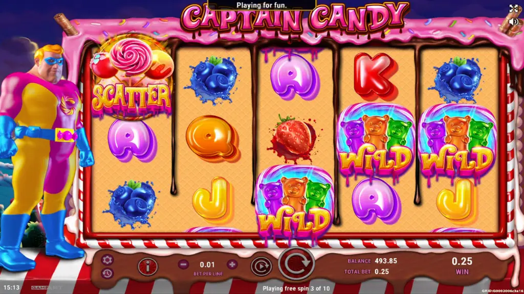 Captain Candy slot free spins bonus round with wild candy symbols and neon background effects.