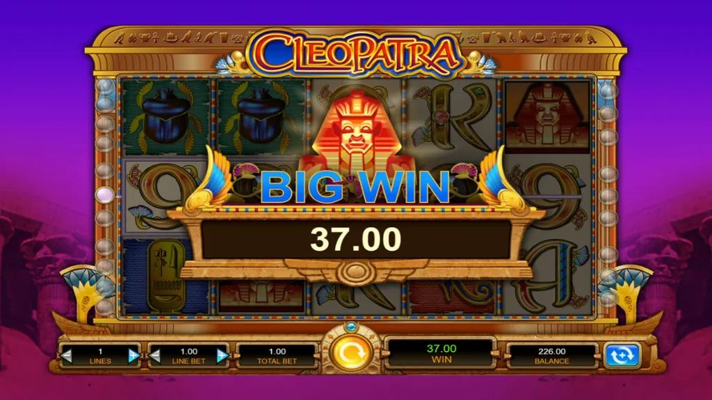 Big win of 37.00 credits displayed on the Cleopatra slot with celebratory graphics.