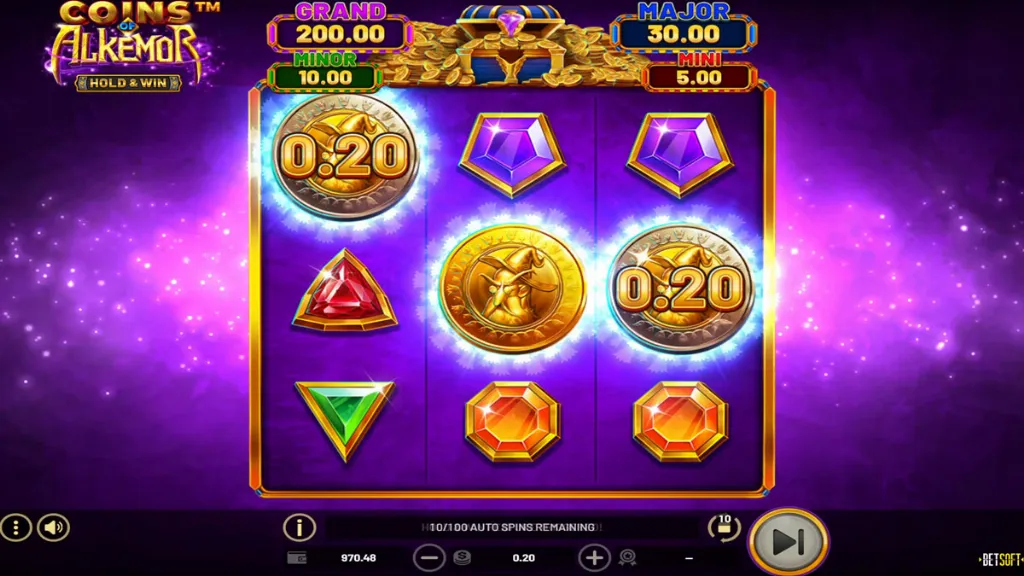 Slot reels highlighted in bright purple, displaying golden coins with values “0.20” and symbols like gems and scrolls. At the top, jackpot values are shown: Grand £200.00, Major £30.00, Minor £10.00, and Mini £5.00.