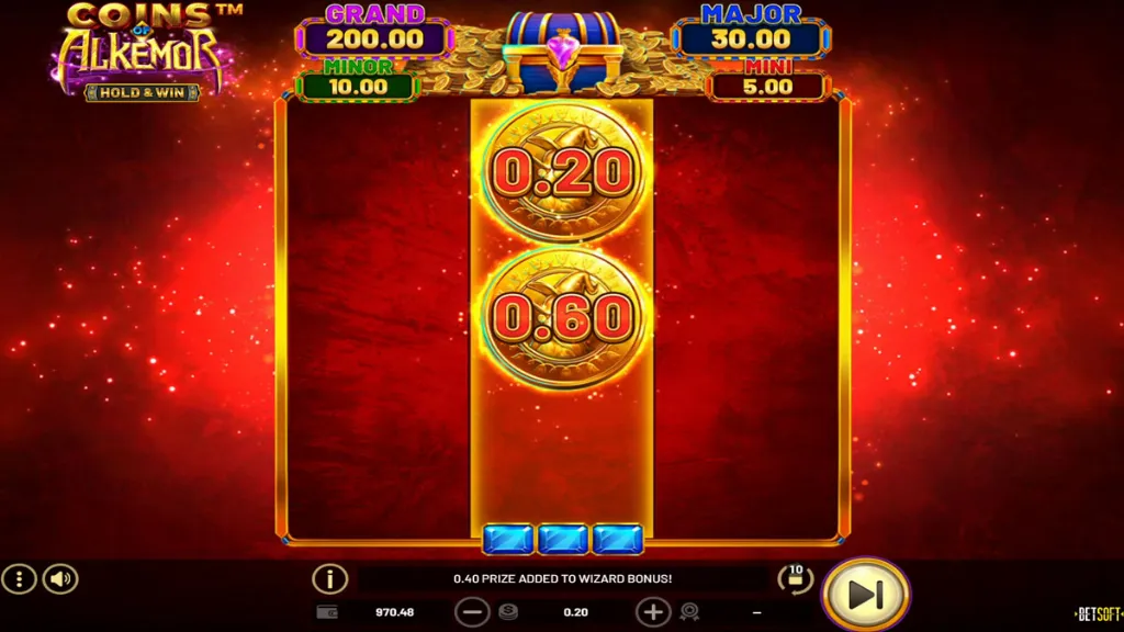 Slot screen with a glowing red background showing two golden coins stacked vertically in the middle reel, labeled “0.20” and “0.60”. Above the reels are jackpot values: Grand £200.00, Major £30.00, Minor £10.00, and Mini £5.00.