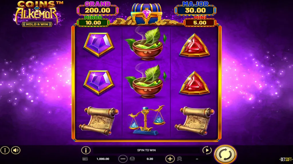 Purple-themed slot screen with five reels featuring gemstones, scrolls, scales, and potion bowls. Jackpot amounts are displayed at the top: Grand £200.00, Major £30.00, Minor £10.00, and Mini £5.00.