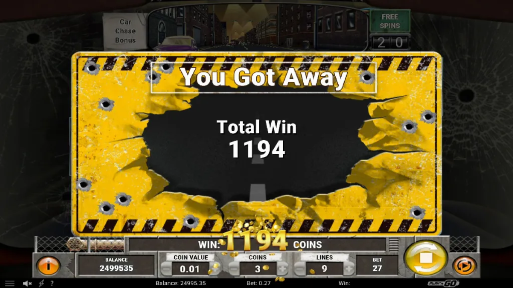 Cops ’n’ Robbers slot bonus feature screen showing ‘You Got Away’ with total win of 1194 coins and bullet-riddled yellow background.