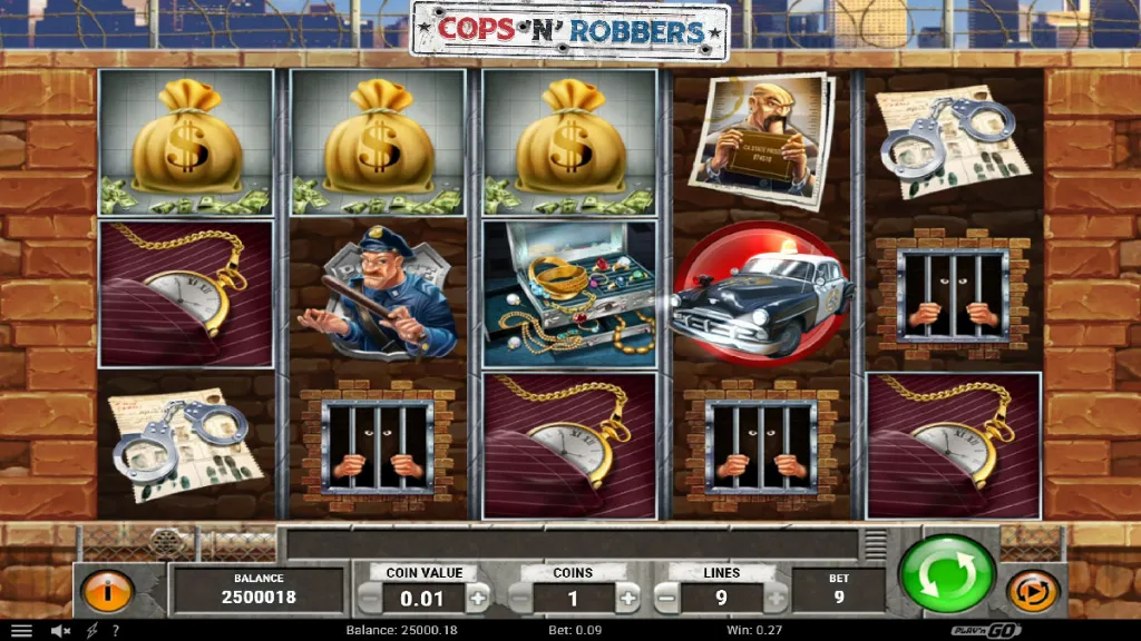 Cops ’n’ Robbers slot base game screen with cash bags, police officer, getaway car, and prison bars symbols on brick wall reels.