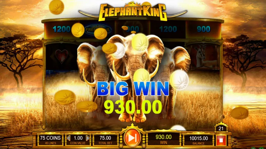 Elephant King slot Big Win screen with elephants in golden savanna background and 930.00 prize displayed.