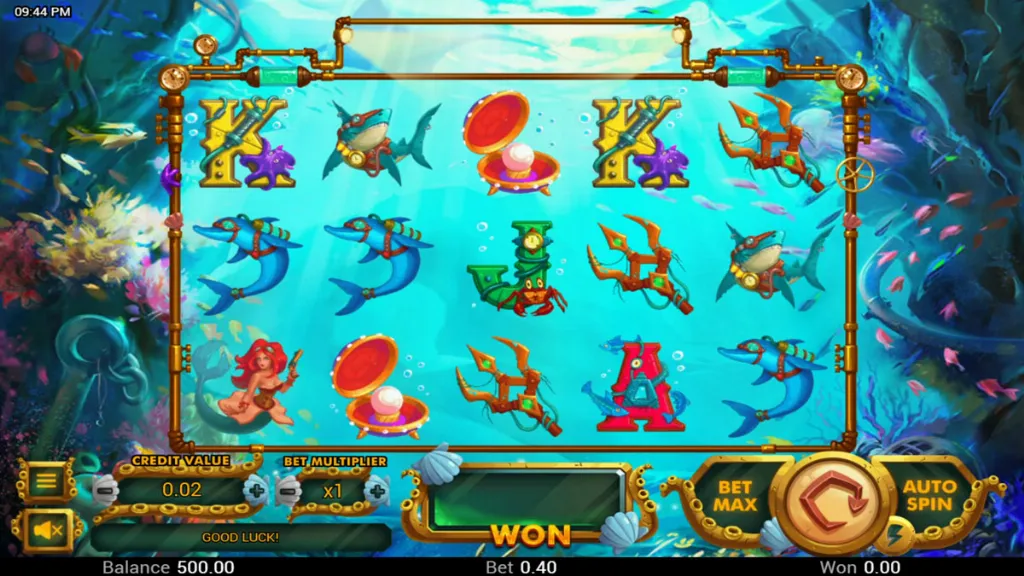 Neptune’s Gold slot base game showing Neptune, treasure, and card symbols on the reels.