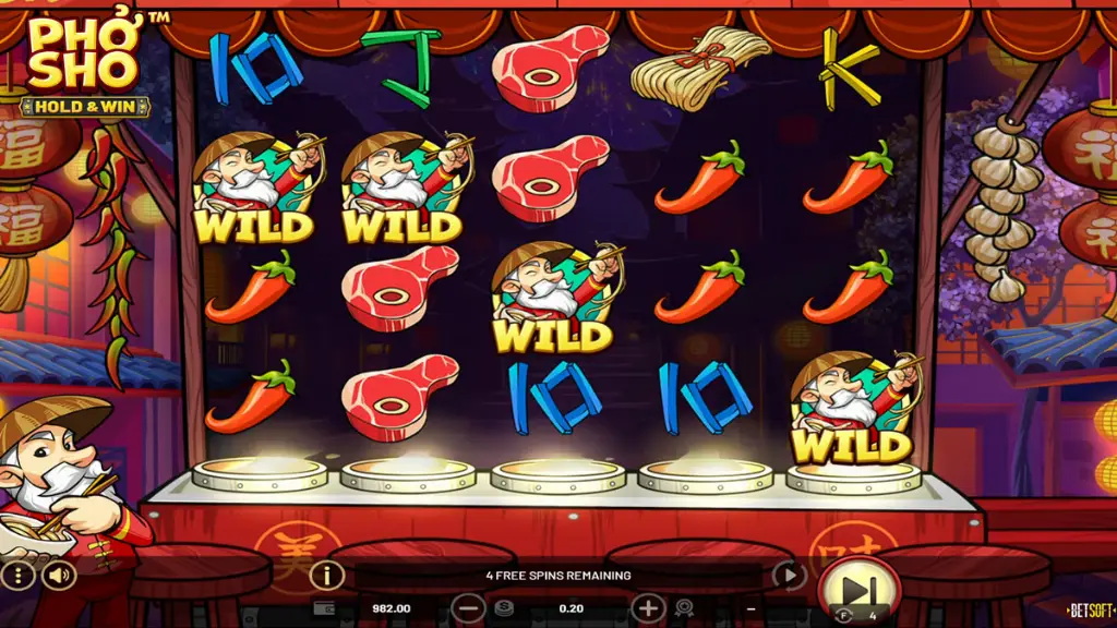 Slot game screen with free spins active in Pho Sho. Multiple wild symbols featuring the chef character appear alongside chili peppers and meat icons. The banner shows "4 FREE SPINS REMAINING" at the bottom.