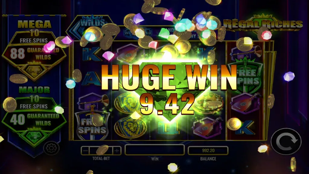 Big win celebration on the Regal Riches slot showing coins, gems, and a huge win amount.