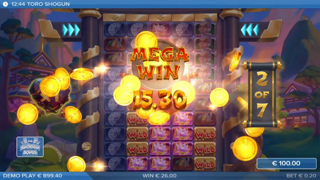 Toro Shogun slot bonus round showing a Mega Win of €15.30 with golden coins bursting across the screen during free spins.