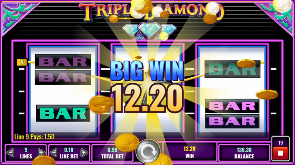 A big win screen in Triple Diamond with golden coins flying across the reels and the win amount highlighted.