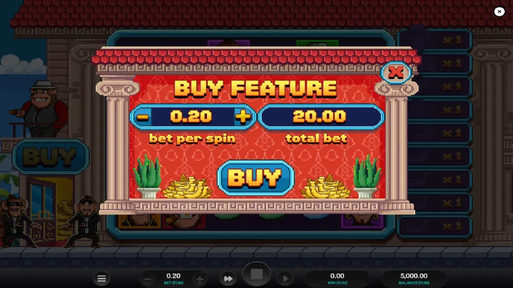 Banana Town slot bonus buy feature screen showing a 0.20 bet per spin with total buy cost of 20.00.