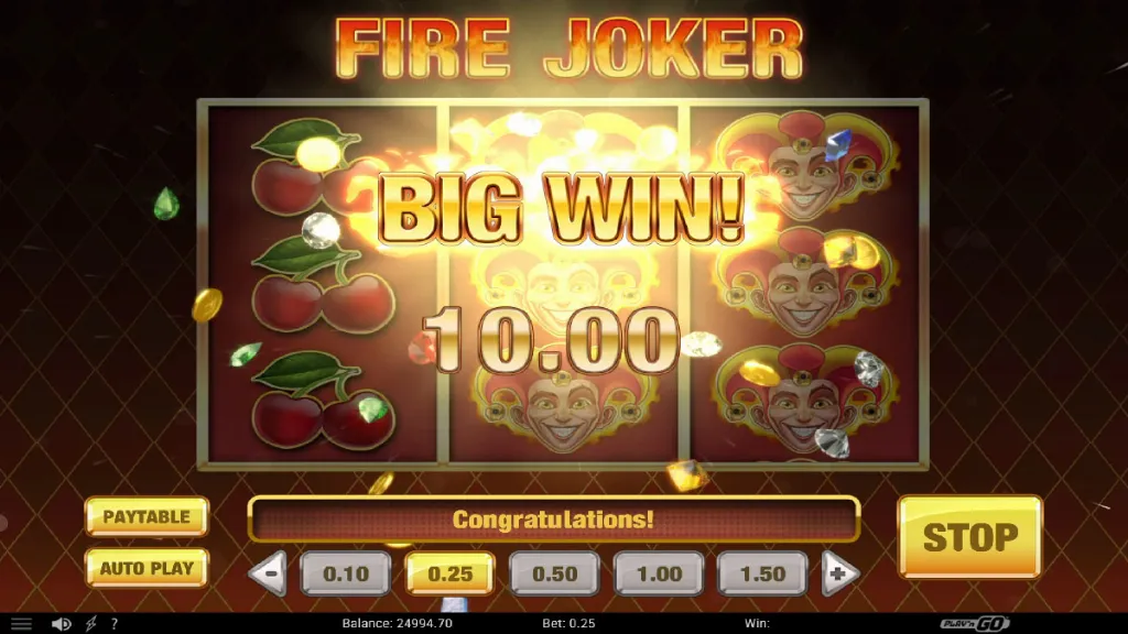 Fire Joker slot big win screen with winning symbols and payout displayed