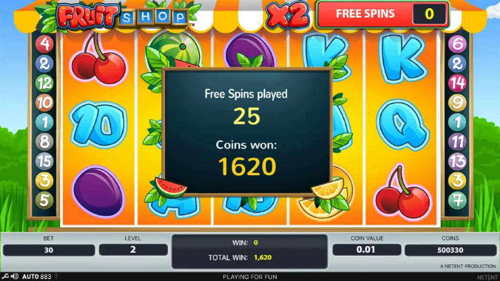 Fruit Shop slot big win after 25 free spins with 1620 coins won