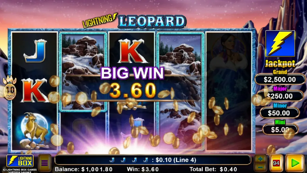 Lightning Leopard win celebration screen with cascading gold coins over snowy canyon reels.