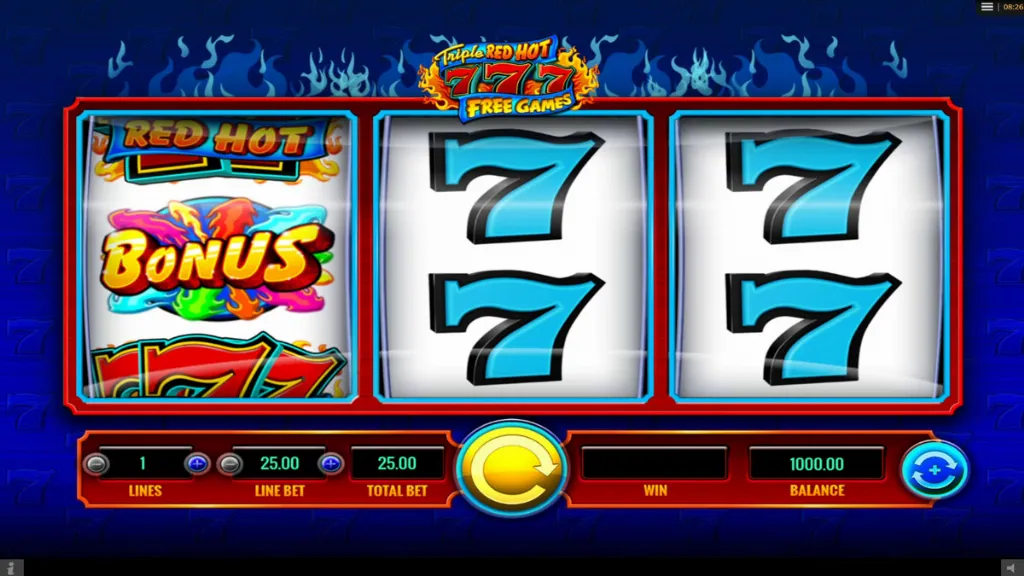 Standard gameplay screen of Triple Red Hot 777 showing classic blue seven symbols and a bonus icon on the reels.