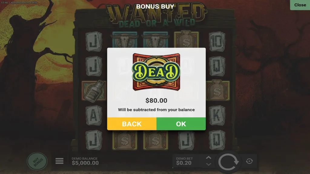 The Wanted Dead or a Wild slot displays a bonus buy confirmation screen showing the Dead feature available for $80.