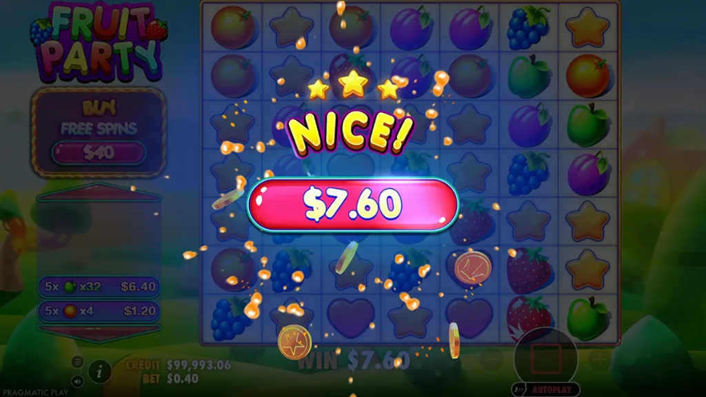 Fruit Party - Game screenshot with winning amount.