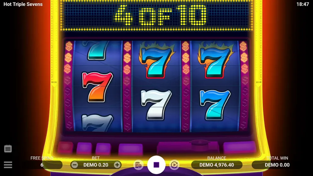 Hot Triple Sevens - Slot game display with winning symbols.