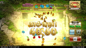 Bonanza Megapays big win screen celebrating a large payout with coins and gemstones across the reels.