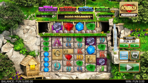 Bonanza Megapays base game showing gemstone symbols, cascading reels, and the Megaways layout.