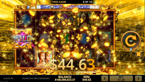 Double Da Vinci Diamonds Big Win animation during the free spins feature with cascading payouts.