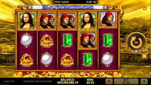 Double Da Vinci Diamonds free spins round in progress featuring Split Symbols, tumbling reels and wilds.