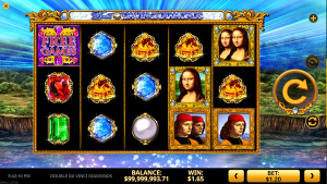 Double Da Vinci Diamonds base game showing the 5-reel layout with Renaissance artwork, gemstones and Split Symbols