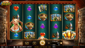 Bier Haus base game showing the 5x4 reels with Bavarian-themed symbols including beer mugs, castles, and the Beer Maiden.