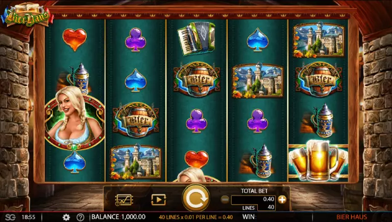 Bier Haus base game showing the 5x4 reels with Bavarian-themed symbols including beer mugs, castles, and the Beer Maiden.