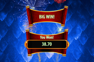 Dragon Spin Big Win animation during the bonus feature with dragon symbols and fireworks celebrating a large payout.