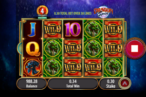 Dragon Spin free games feature in progress with stacked wilds and expanded winning paylines.