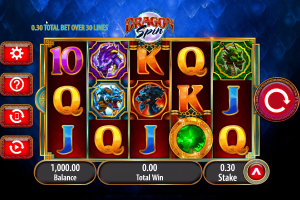 Dragon Spin base game showing the 5x3 reels with dragon symbols, gemstones and 30 paylines.