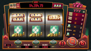 777 slot base game with classic BAR symbols, single payline and progressive jackpot meter