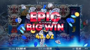9k Yeti Epic Big Win screen showing a 43.62 payout during the Snowstorm free spins feature