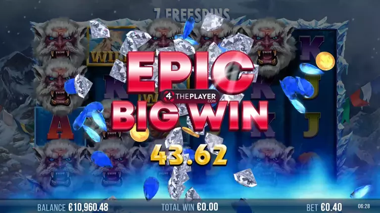 9k Yeti Epic Big Win screen showing a 43.62 payout during the Snowstorm free spins feature