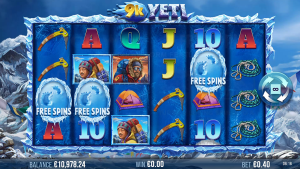 9k Yeti free spins triggered by scatter symbols during the Snowstorm bonus feature