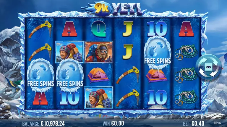 9k Yeti free spins triggered by scatter symbols during the Snowstorm bonus feature
