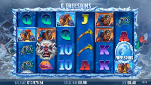 9k Yeti Snowstorm Free Spins round with wilds and explorer symbols creating bonus combinations