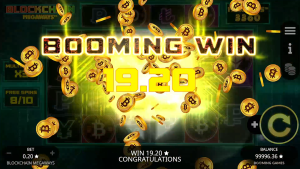 Blockchain Megaways booming win screen featuring a large payout and cascading Bitcoin-themed coins.