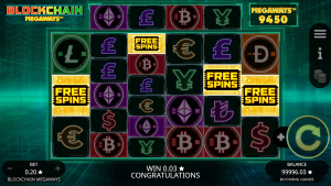 Blockchain Megaways free spins symbols appearing on the reels during a bonus trigger setup.