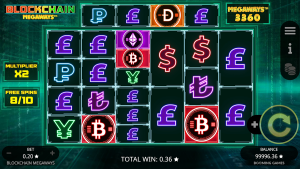 Blockchain Megaways free spins round with active multiplier and cascading wins in progress.