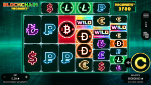 Blockchain Megaways base game showing cryptocurrency symbols, neon currency icons, and the Megaways reel layout.