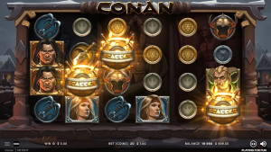 Conan reels displaying multiple Scatter symbols triggering the Free Spins bonus feature.