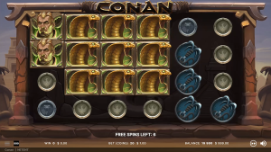 Conan free spins bonus round with expanding symbols and special feature reels.